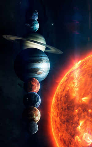 堆疊的行星，包括土星和木星，靠近太空中熾熱的太陽。