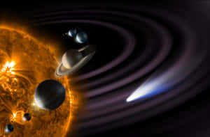 太陽系中行星和彗星在宇宙漩渦中運動。