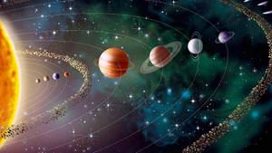 太陽系，行星圍繞著明亮的太陽運行，在繁星點點的太空場景中。