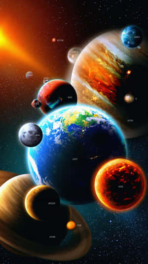 太陽系中標有標籤的行星，帶有太陽爆發和星星
