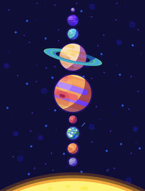 在繁星點點的太空場景中垂直排列色彩繽紛的行星和衛星。