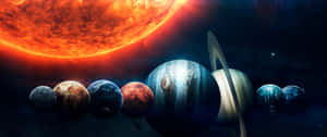 行星圍繞發光的橙色太陽運行，構成宇宙場景。