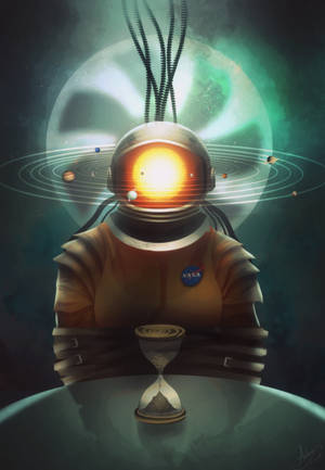 戴著發光頭盔的太空人，在環繞行星的宇宙背景下拿著沙漏。