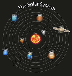 太陽系圖表，顯示行星圍繞太陽運行並帶有標籤。