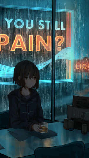 動漫女孩獨自坐在雨中的酒吧，窗外霓虹燈閃爍。
