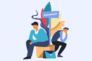 兩個插圖求職者坐在「Unemployed」標誌旁邊，有樹葉和一個公事包。