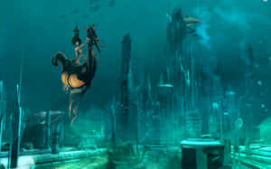 一條美人魚騎著馬穿過一個被淹沒的未來城市。 — 美人魚 GIF 壁紙