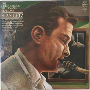 爵士色士風手 Stan Getz 在復古專輯封面插圖中演奏樂器的肖像。 — 音樂 GIF 壁紙