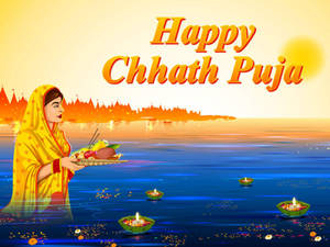 身穿黃色紗麗的女性在日落時分於河邊用漂浮的迪亞燈為Chhath Puja進行供奉。