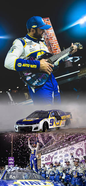 NASCAR車手在夜晚彈結他，下方有賽車和五彩紙屑慶祝。 — 拼貼 GIF 壁紙