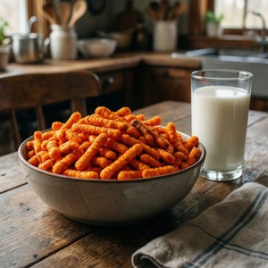 廚房木桌上的一碗橙色麥片和一杯牛奶。