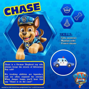 來自汪汪隊立大功的警察小狗 Chase 和他的巡邏車及列出的技能。