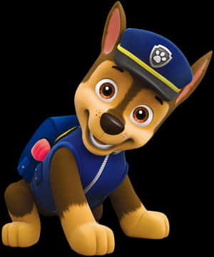 穿著藍色制服和帽子的卡通警犬向觀眾微笑。