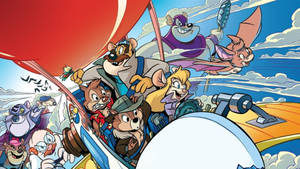 Chip 和 Dale 和朋友們在風暴天空中駕駛一艘帶有紅色帆的卡通船比賽。