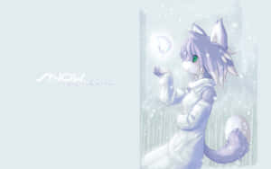 一隻紫丁香色狐狸女孩穿著白色外套，在雪景中拿著一個發光的雪花。 — 毛毛 壁紙