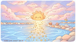 卡通日落，有微笑嘅雲朵同埋喺閃閃發光海灣岩石上嘅海洋生物。