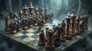 迷霧森林中，石板上的龍與騎士奇幻象棋遊戲。 — 暮光 壁紙