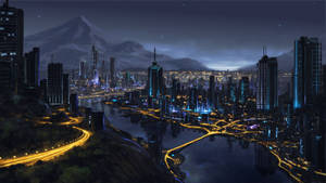 未來城市夜景，發光的建築物與背景的雪山。 — 夜晚 GIF 壁紙