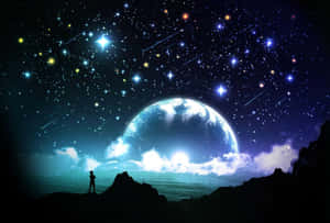 懸崖上一個人的剪影，在星空下看著一顆發光的行星從雲層上升起。 — 月色夜空 壁紙