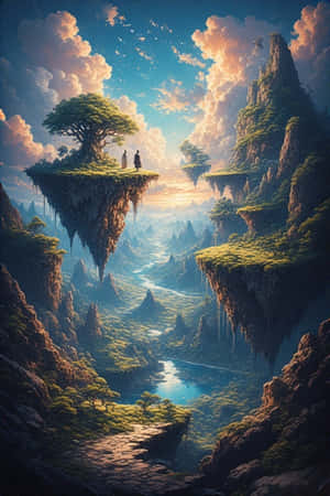 兩個人在浮島上俯瞰夕陽下的峽谷。
