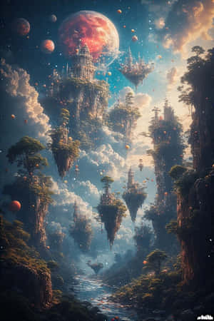 在宇宙天空中，浮島上有城堡和樹木，伴隨著紅色星球。