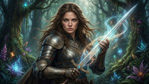 一位身穿盔甲的奇幻女戰士在魔法森林中手持發光的劍。