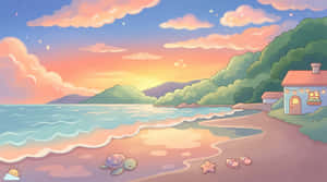 日落時分海灘上的舒適小屋，附近有海龜和海星。