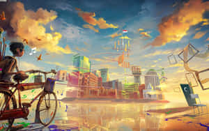 一位單車手穿過一個夢幻般的城市，其中有漂浮的建築物和色彩繽紛的雲彩。
