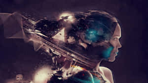 女人的側面，宇宙粒子和幾何碎片從她的頭部爆炸出來。