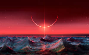 在星空夜晚中，發光的紅色新月下的外星海浪。 — 海洋 壁紙