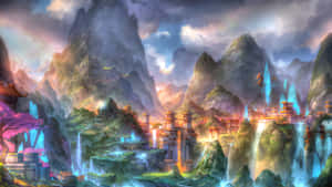 暮色中帶有發光寺廟和瀑布的奇幻山谷。 — 靚靚動畫 壁紙