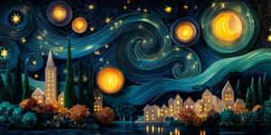 一個剪紙夜景，發光的月亮和星星在一個窗戶亮著燈的村莊上方。