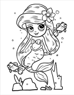 一個微笑的Q版美人魚，長髮戴著花環頭帶，在水下與兩條小魚和泡泡一起游泳。