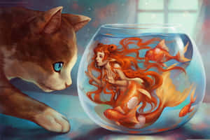 藍眼薑黃色貓咪盯著裝有紅髮美人魚和金魚的魚缸。 — 奇幻 壁紙