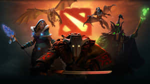 Dota 2 英雄與巨龍在發光標誌下的激烈戰鬥場景。 — 黃昏 壁紙