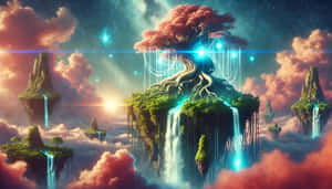 一棵發光樹在浮島上，有瀑布和雲層，星空下。