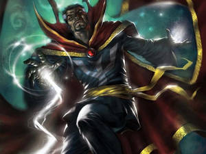奇異博士施展發光的魔法咒語，宇宙能量在他周圍旋轉。