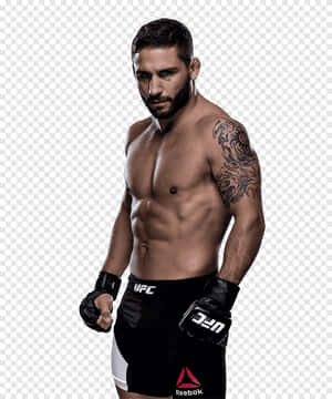 一個赤裸上身、有鬍鬚和手臂紋身的男性MMA戰士，戴著UFC手套和短褲。