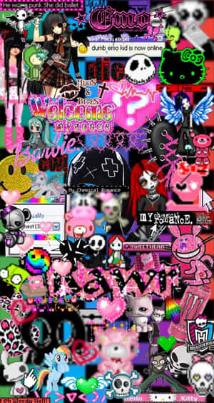 充滿活力的數碼拼貼，包含動漫角色、骷髏頭和MySpace文字，以粉紅和黑色呈現。