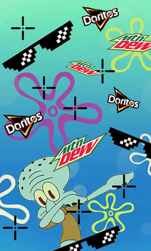 章魚哥在藍色背景上與飄浮的Doritos和Mountain Dew標誌一起跳舞。 — 奇怪 GIF 壁紙