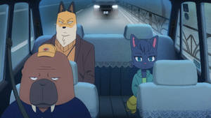 夜晚橋上車內的三個動物角色 — 動漫車 壁紙