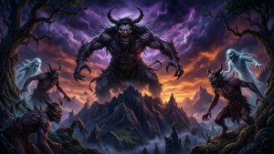 一個惡魔生物和幽靈般的身影在黑暗奇幻的山景中，於黃昏時分。