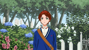 紅髮動漫男孩穿著藍色制服，站在有樹木和白色籬笆的花園中。