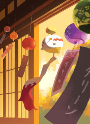 一隻卡通鳥在漂浮的日本節日裝飾中提著燈籠，處於溫暖光線中。