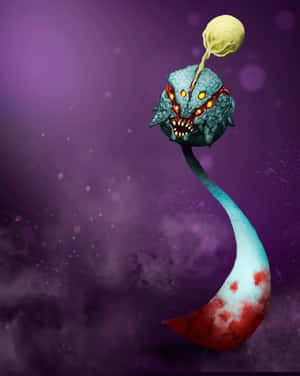 一個帶有發光眼睛的威脅性外星生物，在宇宙紫色背景下滴下黃色物質。