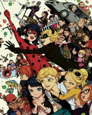 來自 Ladybug 和 Cat Noir 的動漫角色，處於擁擠且充滿動作的場景中。