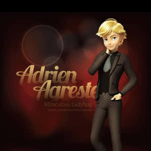動畫角色 Adrien Agreste 穿著格子西裝，在紅色散景背景前。