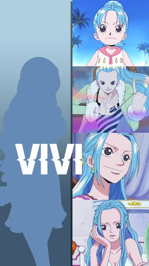 動漫角色 Vivi 以四種不同姿勢呈現，背景為藍色，並帶有她的剪影和名字。