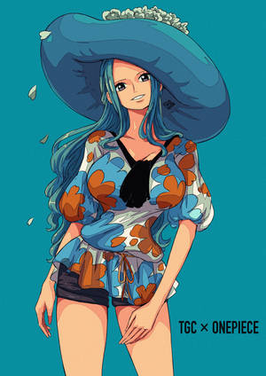 動畫女孩藍色頭髮戴帽穿花卉服裝在青綠色背景前微笑。