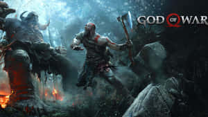 Kratos 在黑暗森林中與巨人戰鬥，伴隨著火焰和破碎的石頭。